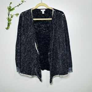 Chico’s Navy Blue Silver Metallic Open Front Drape Cardigan Sweater